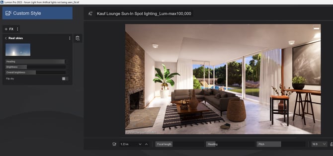 5b. RT - Preview - Spotlight lighting well seen Lumens max100000 direct Sun in room _RSky-Brig..