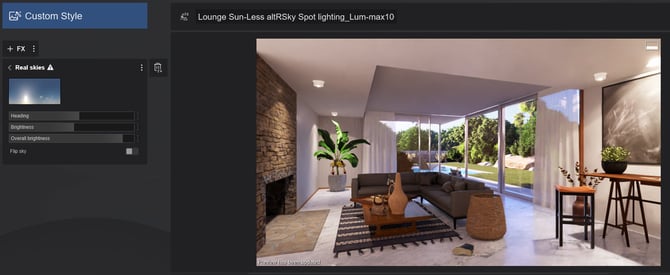 7c. RT - Preview -Alt Spotlight light seen with some umbras Lumens max100000 direct Sun in roo..