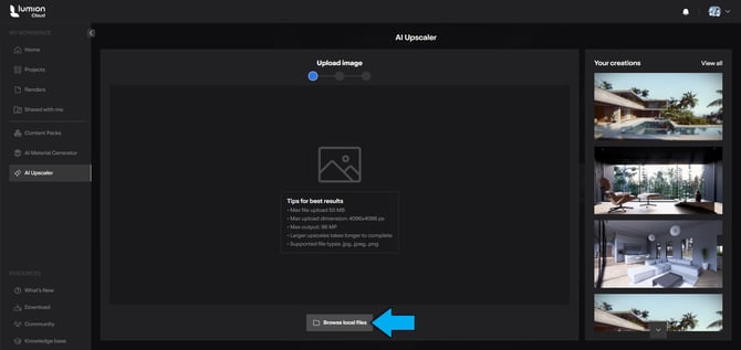 LCloud AIUpscaler _Steps Upload workflows S1 Upload an image _LC-UI _Browse local files