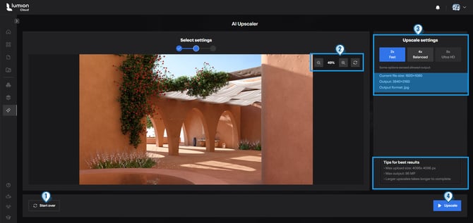 LCloud AIUpscaler _Steps Upload workflows S2 Uploaded file and Options to Upscale _numbered