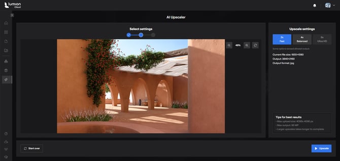 LCloud AIUpscaler _Steps Upload workflows S2 Uploaded file and Options to Upscale