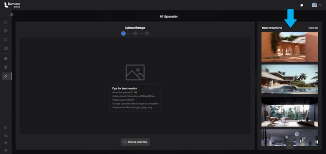 LCloud AIUpscaler _Upscaler- Your Creations - right panel on New Upload