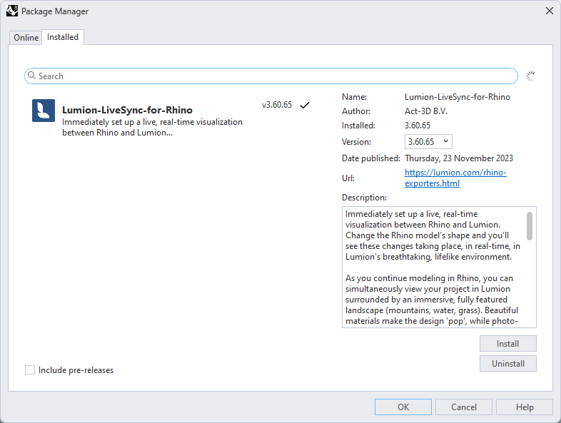LiveSync for Rhino 8 version 3.60.63 is installed - Package Manager.png