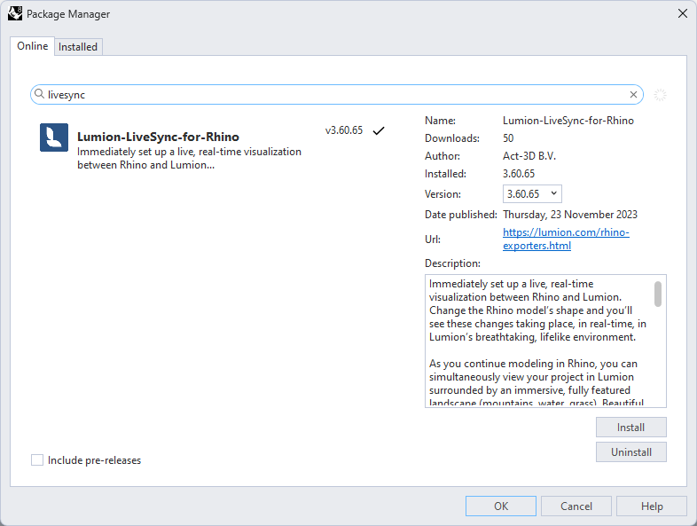 LiveSync for Rhino 8 version 3.60.63 Online search for - Package Manager.png